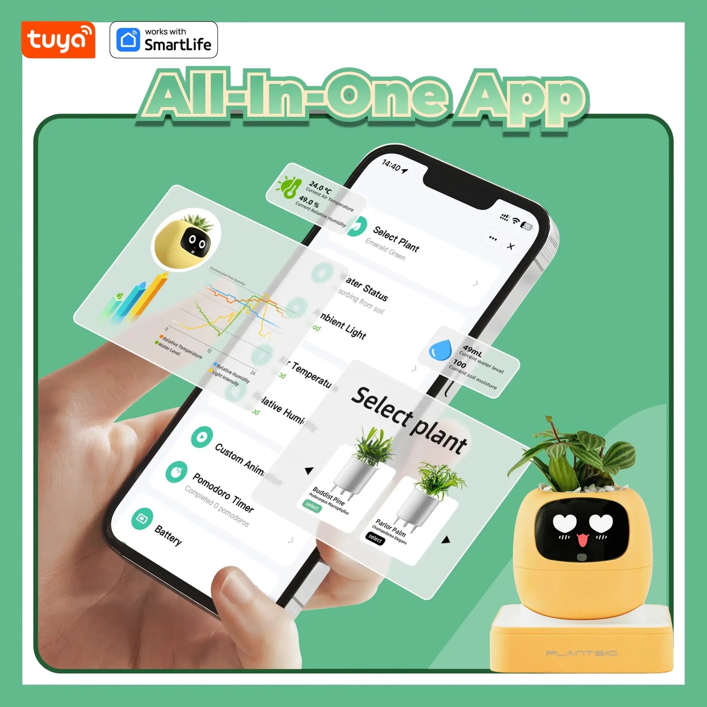 Gen1 Tuya Ivy Smart Planter,Endless Fun Over 49 Rich Expressions,7 smart sensors,AI Chips Make Raising Plants Easy and Fun