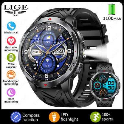 LIGE 1100mAh Military Outdoor Smart Watch Men 1.7" Large Display Compass Sports Watch IP68 Waterproof Bluetooth Call Smartwatch