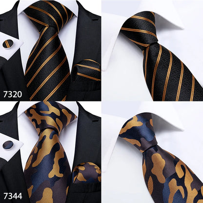 Fashion Men Tie Luxury Gold Black Dot Striped Paisley Silk Wedding Tie For Men DiBanGu Designer Hanky Cufflinks Gift Tie Set