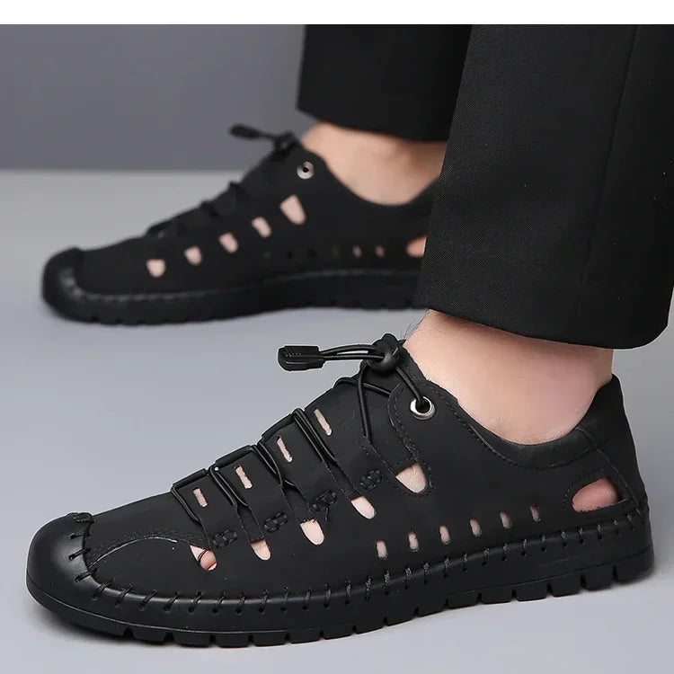 Men's Summer New Hollow out Breathable Leather Sandals Outdoor Anti-Slip Soft Bottom Casual Cover Toe Slip-On Shoes-8025