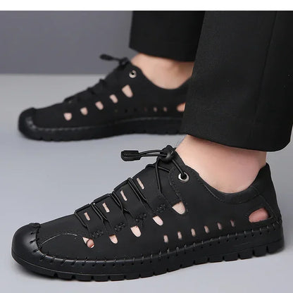 Men's Summer New Hollow out Breathable Leather Sandals Outdoor Anti-Slip Soft Bottom Casual Cover Toe Slip-On Shoes-8025
