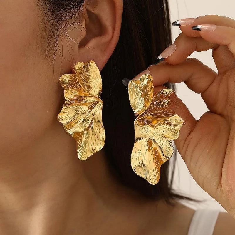 Stainless Steel Golden Double Layered Five Petal Flower Earring for Women Vintage Stripe Flower Dangle Earrings Jewelry Gifts