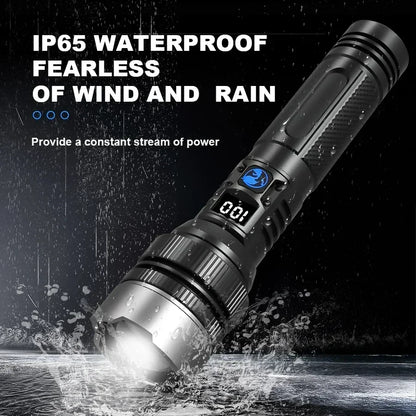 900000LM Powerful LED Flashlight Type-c Rechargeable Zoom Torch with Digital Display Handheld Flashlights for Camping Hiking