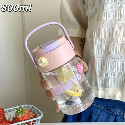 600/800ml Large Capacity Sports Water Bottle With Hidden Straw Portable Sealed Leak-Proof Plastic Cup Outdoor Travel Camping