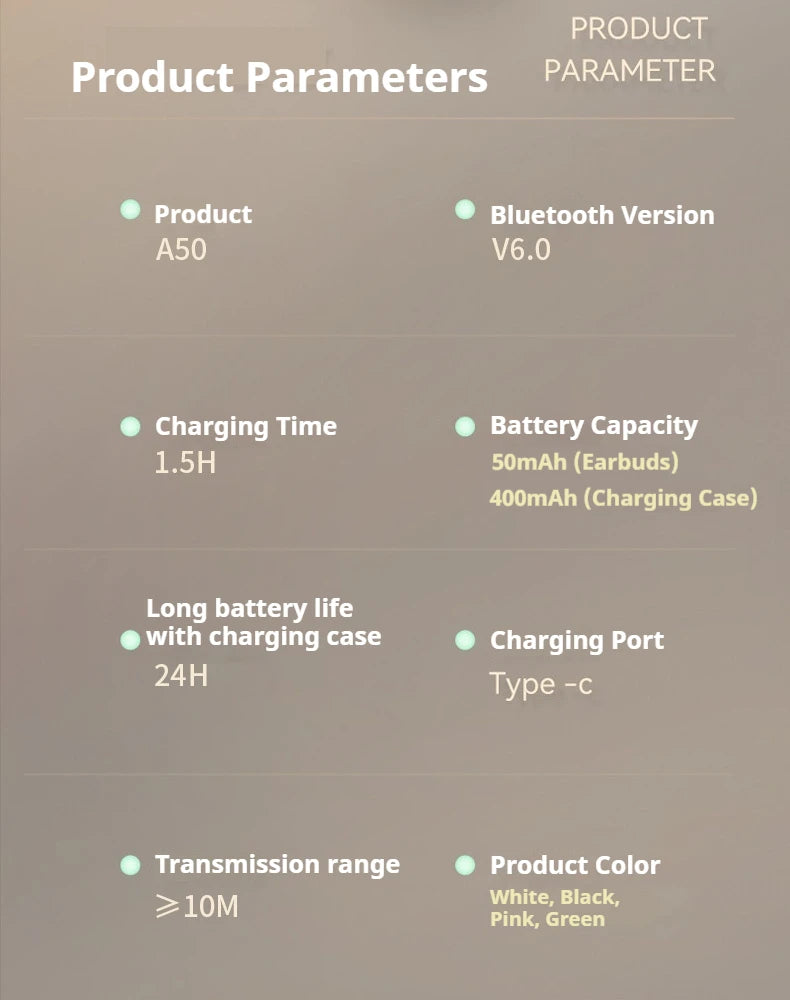A50 AI Real Time Translation Earbuds 164 Languages Bluetooth 6.0 Wireless Smart Touch Control Clear Call Headphones