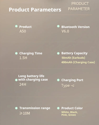 A50 AI Real Time Translation Earbuds 164 Languages Bluetooth 6.0 Wireless Smart Touch Control Clear Call Headphones