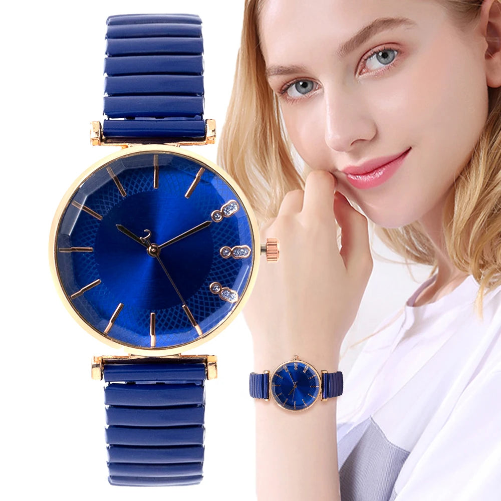 Luxury Treasure Blue Crystal Ladies Quartz Watch - Casual Stainless Steel Stretch Strap Fashion Women's Dress Clock