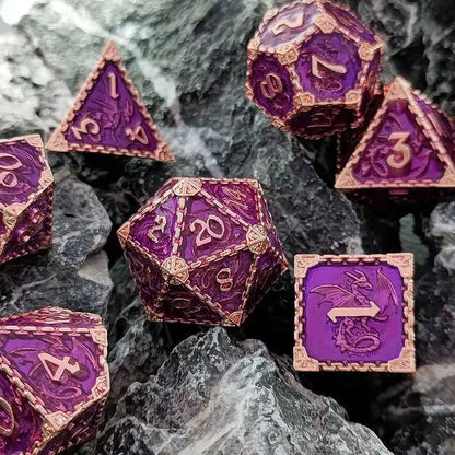 7 Pcs Cosplay D4-D20 DND Brass Gold Polyhedral Sharp Edge Casino Dice Rpg Table Board Game Tray Gem Stone Dragon Metal Steel Set
