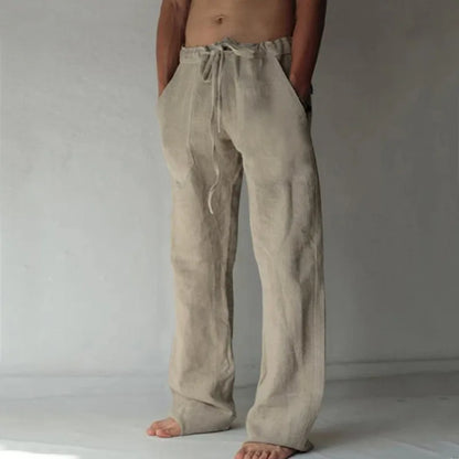 Men's Cotton Linen Long Pants Summer Solid Color Breathable Linen Trousers Male Casual Elastic Waist Casual Pants  Men ﻿