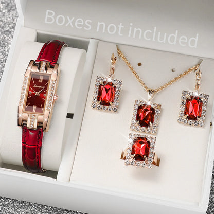 Synthetic Diamond Jewelry Set White Woman, Watch, Trendy Style, Gift for Girlfriend, Spine, Woman, 5 Pieces Per Set