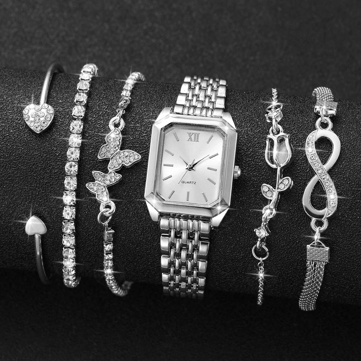 6PCS Fashion Rectangle Women Quartz Watch Bracelets Set Ladies Roma Dial Silvery Band Wristwatch Reloj Mujer(Without Box)