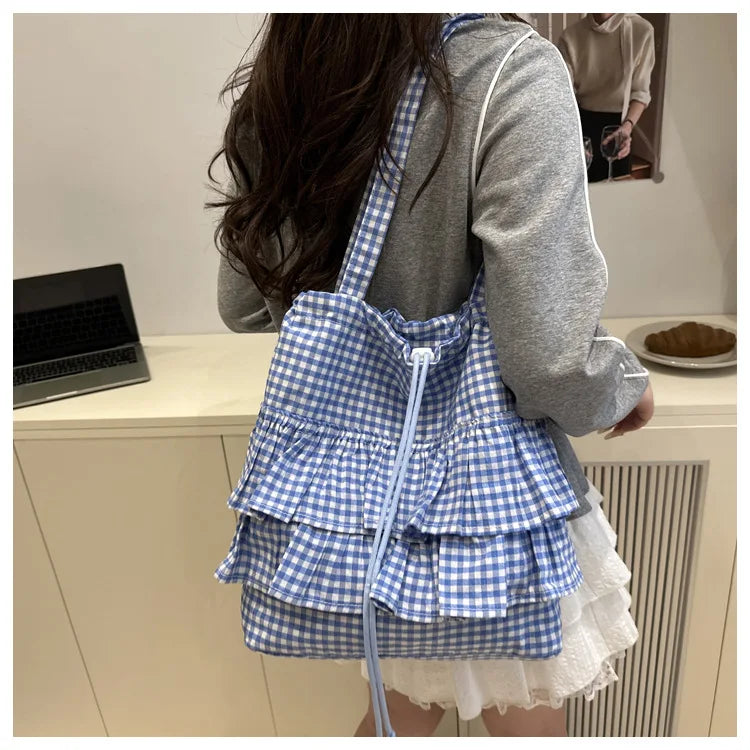 Cute Plaid Cotton Tote Bag Large Capaci Lace Trim Women's Summer 2026 Simple Lady Handbag Soft Shoulder Bags Bolsa Feminina