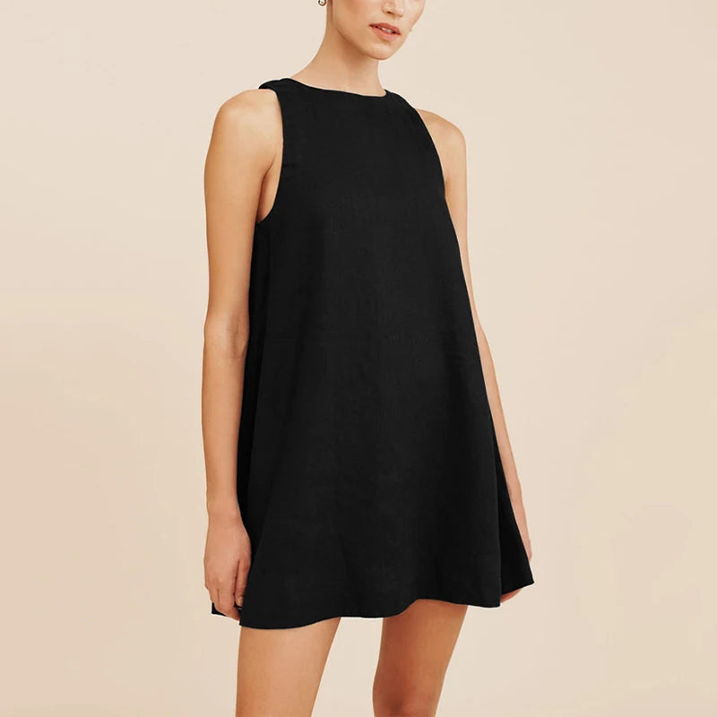 Classic Solid Color Cotton-Linen Women's Dress New Arrival Simple Sleeveless Tank Dress Casual Round-Neck Summer Dresses