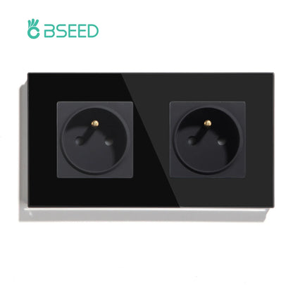 BSEED France Standard Single Wall French Socket Double Power Plug With White Black Gloden Crystal Glass Panel 16A 110V-250V