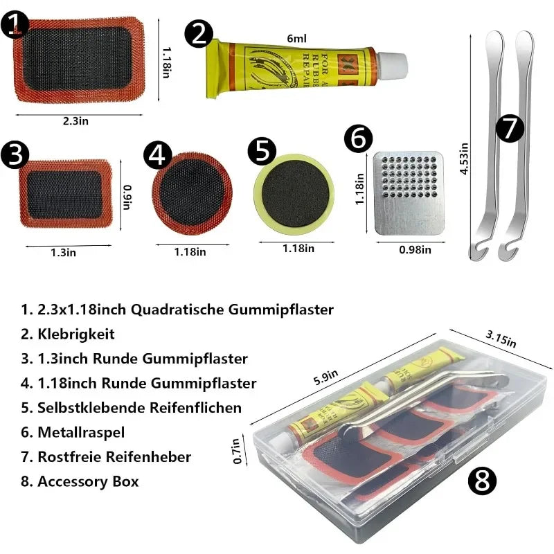 Emergency Bike Tire Repair Kit for Cyclists with Patches Metal Rasps Tire Levers Glue On-the-Go MTB Road Cycling Repair Tools