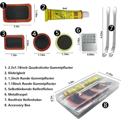 Emergency Bike Tire Repair Kit for Cyclists with Patches Metal Rasps Tire Levers Glue On-the-Go MTB Road Cycling Repair Tools