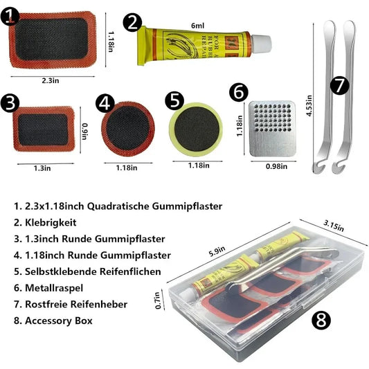 Emergency Bike Tire Repair Kit for Cyclists with Patches Metal Rasps Tire Levers Glue On-the-Go MTB Road Cycling Repair Tools