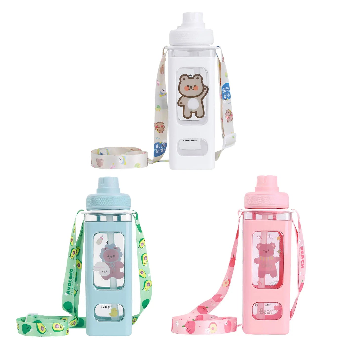 Water Bottle with Straw - 700ml 24 Oz Drinking Bottle Square Cute Water Jug