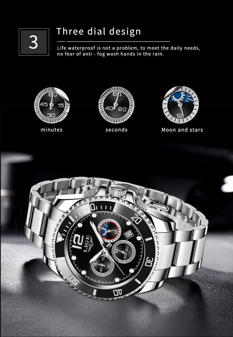 LIGE Outdoor Sport Watch For Men Fashion Military Waterproof Luminous Men Watch Round Stainless Steel Quartz Chronograph Male