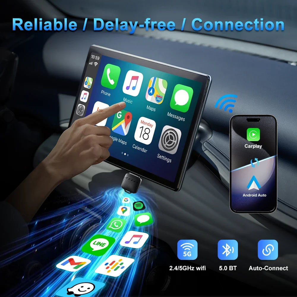 2 in 1 Wired to Wireless Car CarPlay Adapter Android Auto AI Box Plug & Used for OEM Wired CarPlay AA Navigation System