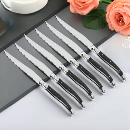 9'' Laguiole Steak Knives Set Serrated Triple Rivet Ergonomic Handle Stainless Steel Black Steel Dinner Table Knife 1/4/6/8 Pcs