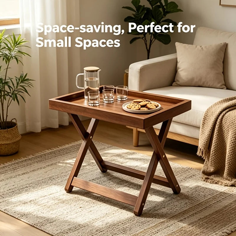 Foldable Wooden Side Table – X-Shape Coffee Table, Raised Edge – Multi-Functional Bedside for Living & Bedroom – Easy Storage