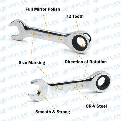 1pc 6-19mm Mini Ratchet Wrench Tool Ultra-short Key Fixed Flex-Head Ratcheting Wrench Stubby Combination Wrench 72T CR-V Steel