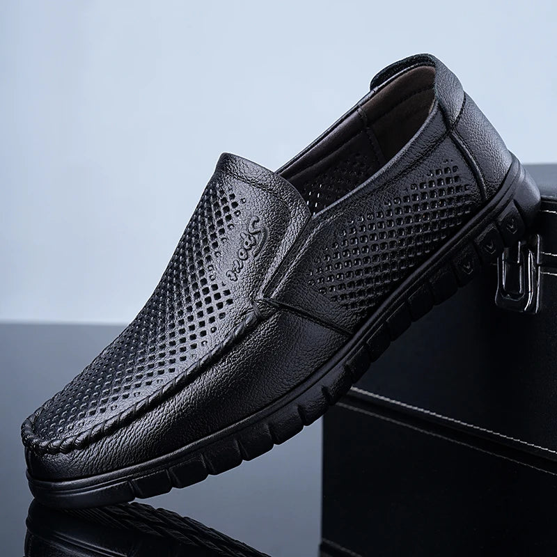 Men's Slip-On Loafers Summer Hollow Out Breathable Casual Shoes Comfortable Soft Sole Anti-Slip Leather Shoes-8822