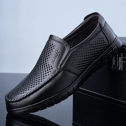 Men's Slip-On Loafers Summer Hollow Out Breathable Casual Shoes Comfortable Soft Sole Anti-Slip Leather Shoes-8822