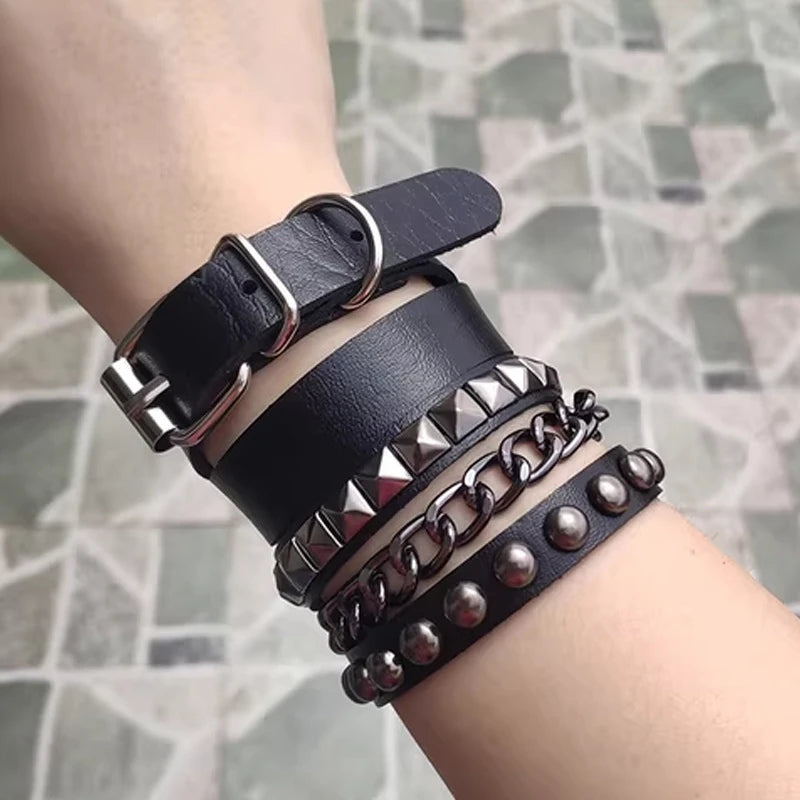 Punk Dark PU Bracelet For Women Men Hip Hop Rock Chain Multi Layered Bracelet Trend Retro Gothic Jewelry Dancer Accessories
