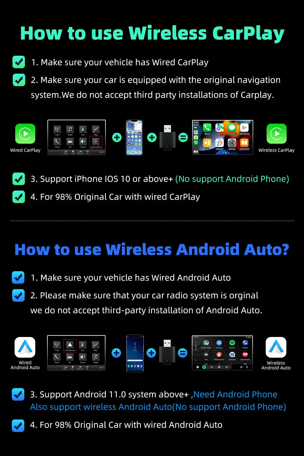 2025 NEW 2 In 1 Wireless Carplay AI Box Android Auto Plug And Play Applicable To Convert Original Car Wired Carplay To Wireless