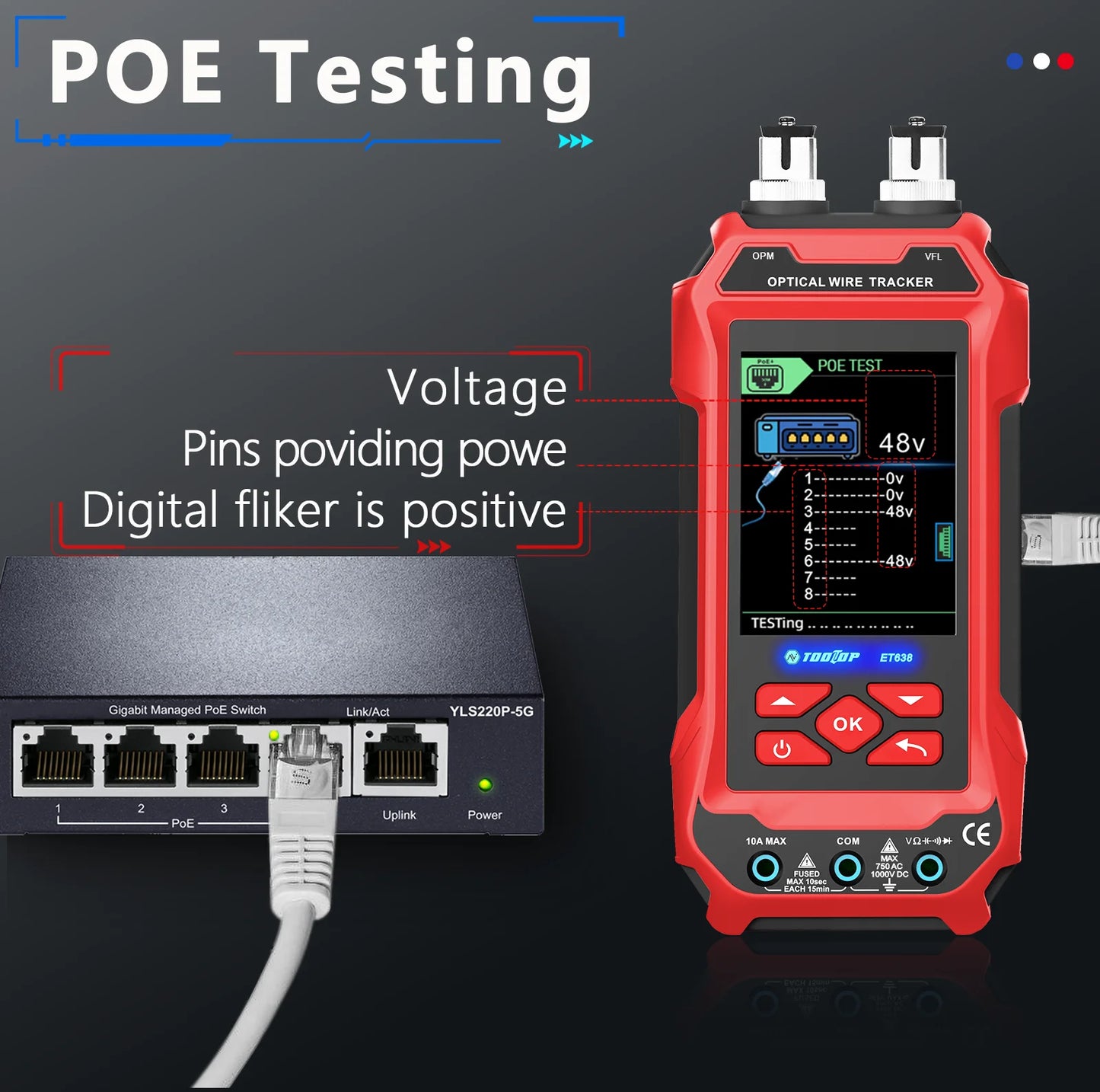 TOOLTOP Network Cable Tester 4 in 1 Multi-function Fiber Optical Power Meter Visual Fault Locator noise-free LAN Line Tracking