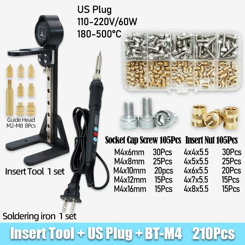 Heat Set Insert Nut Press Tool Brass Soldering Iron Tip Thread Injection Embedded Nuts and Stainless Steel Hex Socket Screw Kit