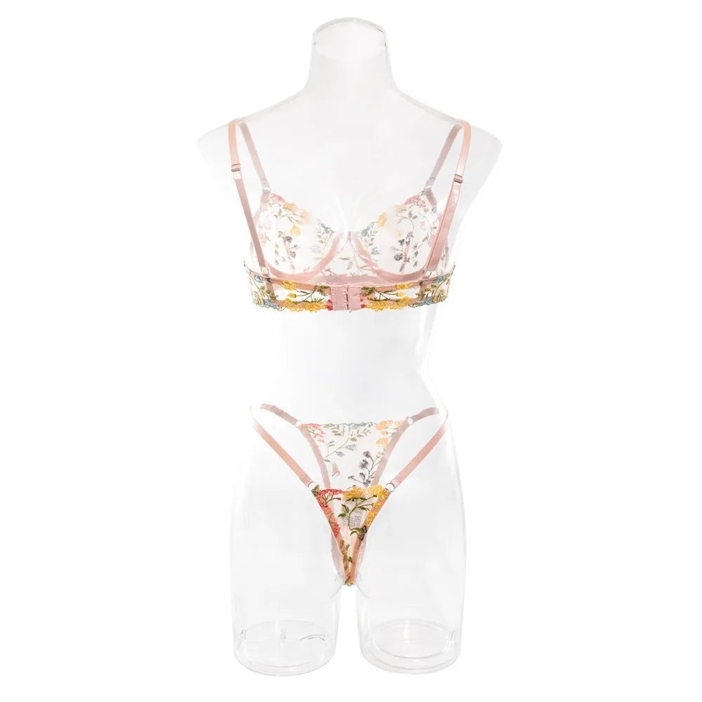 2-Piece Floral Lingerie Set Sheer Embroidery Underwear Intimates Underwire Push-up Versatile Bra Panty Set For Lady Girl