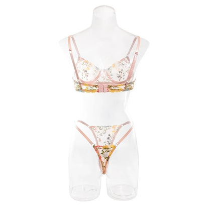2-Piece Floral Lingerie Set Sheer Embroidery Underwear Intimates Underwire Push-up Versatile Bra Panty Set For Lady Girl