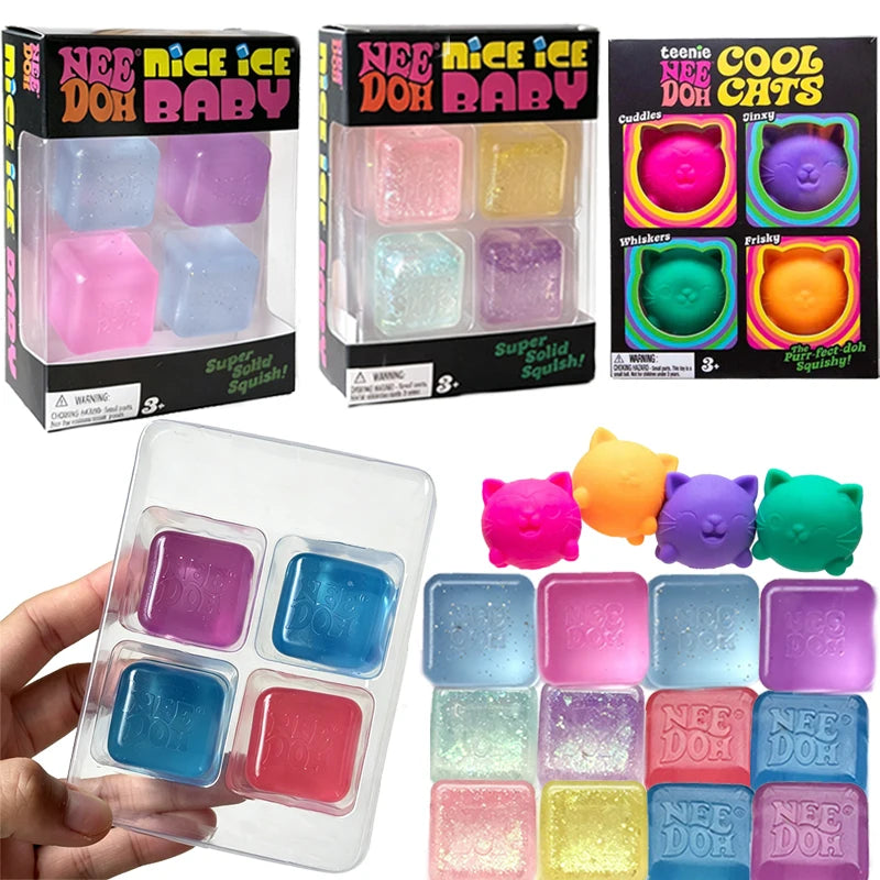 Needoh Nice Ice Baby Mini 4 Pack Squish Cube Sensory Toy Multicolored Knead Stretch Stress Relief Hand Squeeze Toy Leisure Gift