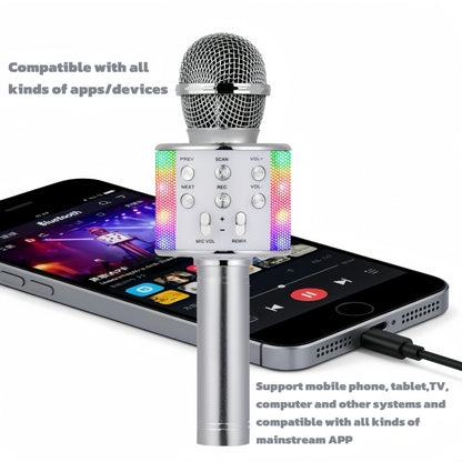 Handheld Bluetooth Microphone Speaker, 5 Voice Changer (Kid/Male/Female/Electronic), HIFI Sound, LED Light,  Portable KTV