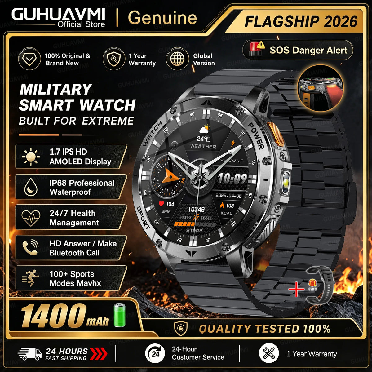 1400mAh Large Battery Military Smart Watch Men 1.7"HD Bluetooth Call 10ATM Waterproof LED Flash SOS Health Monitor Sport Watches