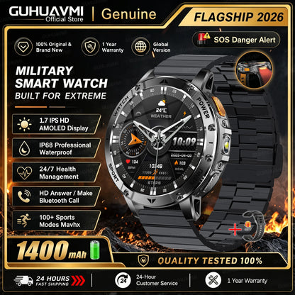 1400mAh Large Battery Military Smart Watch Men 1.7"HD Bluetooth Call 10ATM Waterproof LED Flash SOS Health Monitor Sport Watches