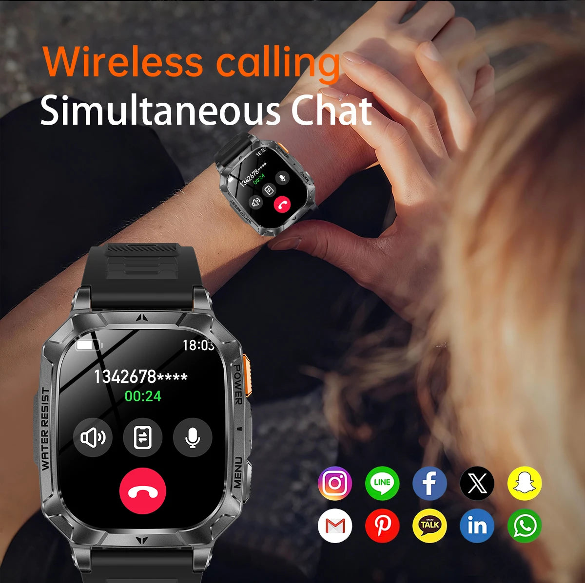 LIGE Military 1400mAh Smart Watch For Men 2.01" HD Screen Waterproof 100+Sports Mode LED Flashlight Smartwatch For Android iOS