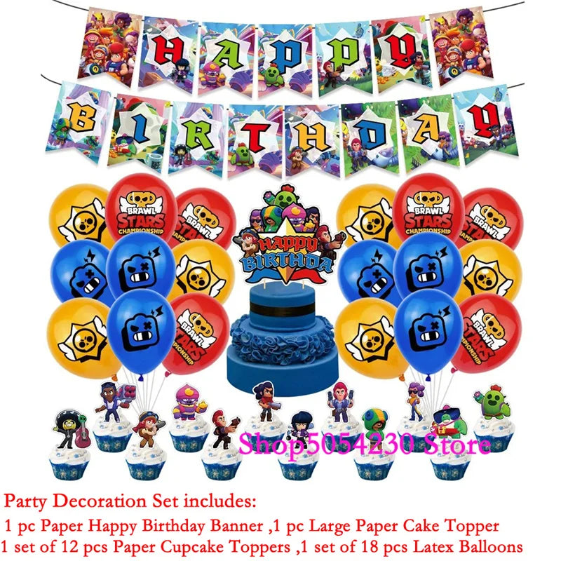 Brawl Stars Happy Birthday Party Supplies Set Cartoon Game Theme Tableware, Paper Plates & Backdrop Decorations for Celebrations
