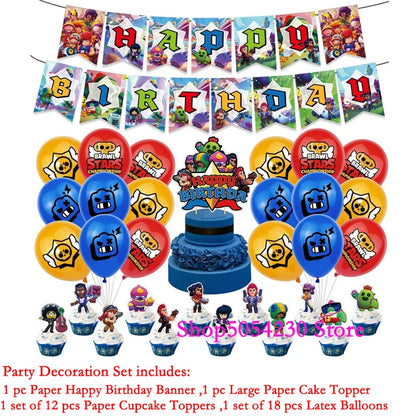 Brawl Stars Happy Birthday Party Supplies Set Cartoon Game Theme Tableware, Paper Plates & Backdrop Decorations for Celebrations