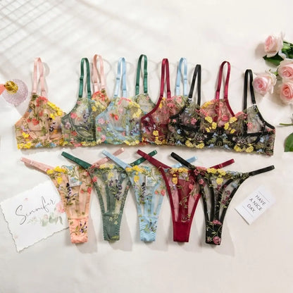 2-Piece Floral Lingerie Set Sheer Embroidery Underwear Intimates Underwire Push-up Versatile Bra Panty Set For Lady Girl