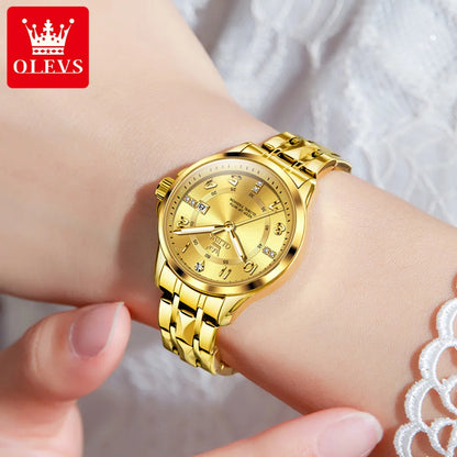 OLEVS 2910 Original Quartz Watches for Women Rhombus Steel Strap Waterproof Luminous Calendar Elegant Luxury Ladies Wristwatches