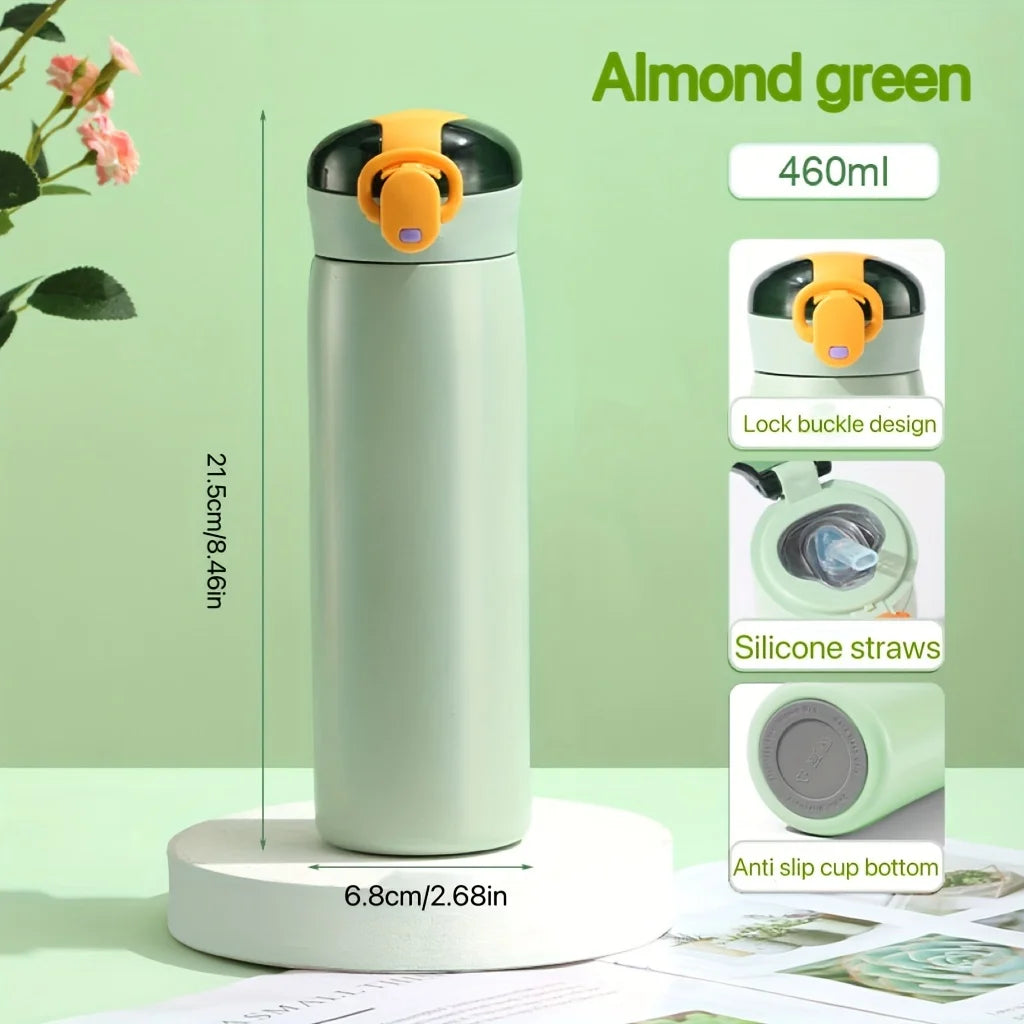 460ml Cool Black Insulated Water Bottle With Locking Flip Lid Silicone Straw Leakproof Portable Stainless Steel Tumbler
