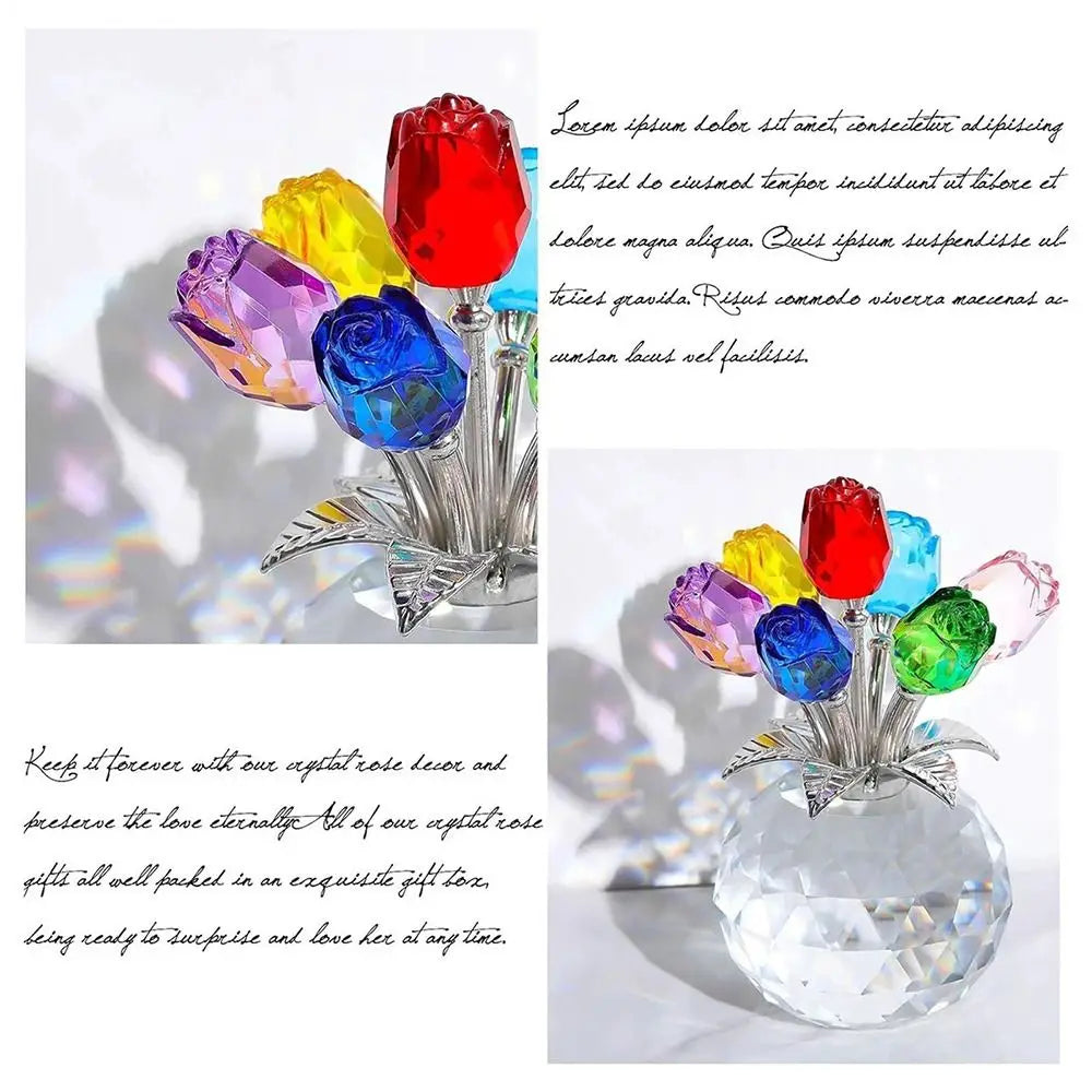 Creative Crystal Rose Sculpture Reflect Colorful Rose Bouquet Ornaments Small Handmade Crystal Rose Bundle Mother's Day