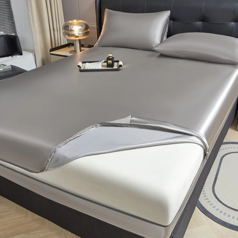 6-Sided Zipper Mattress Encasement Luxury Cooling Satin Dustproof Mattress Protector, Full All Around Deep Pocket Mattress Cover