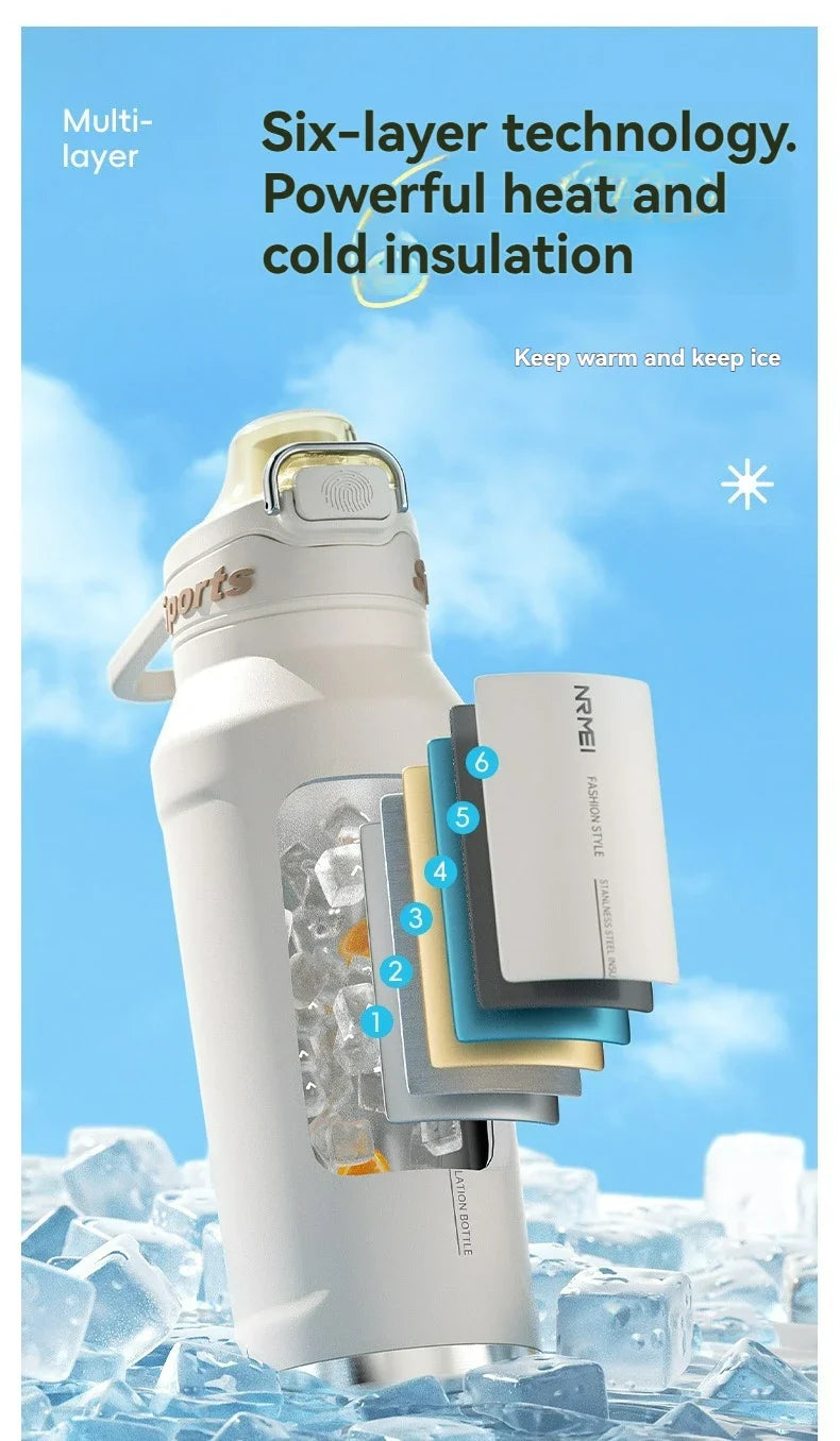 1L Stainless Steel Thermos Bottle, Iced & Heat Insulated Cup, Hiking Cycling Fitness Vacuum Flask with Handle