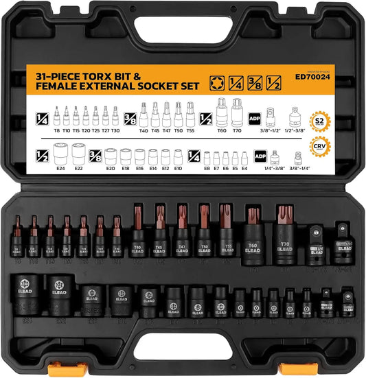 ELEAD 31 szt. zestaw nasadek bitowych Torx premium ze stali stopowej CR-V i S2, gwiazdkowe T8-T70 i E-Torx E4-E24, wysoki moment obrotowy, grawerowane laserowo