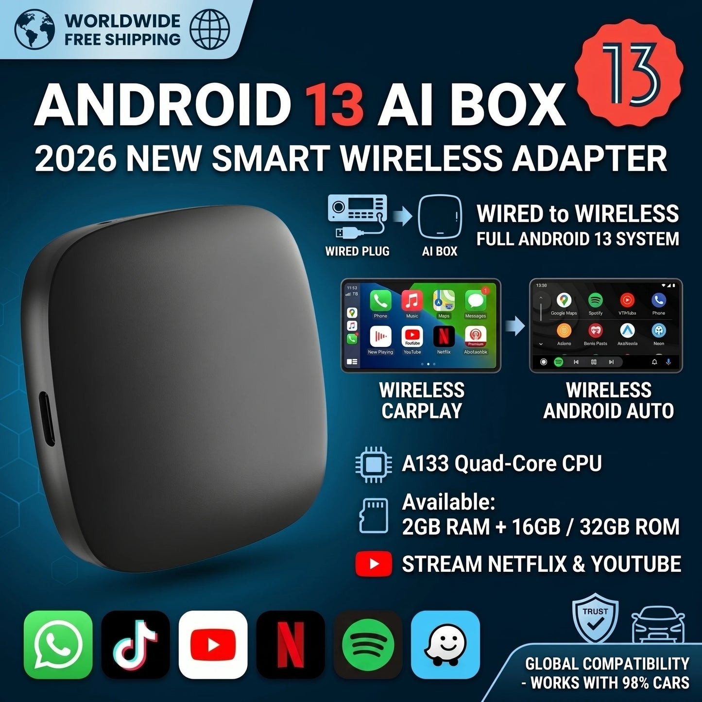 2026 Android13 CarPlay Ai Box Kowankit Wireless Android Auto 3in1 USB Adapter For Youtube Netflix Universal TV Box Plug And Play